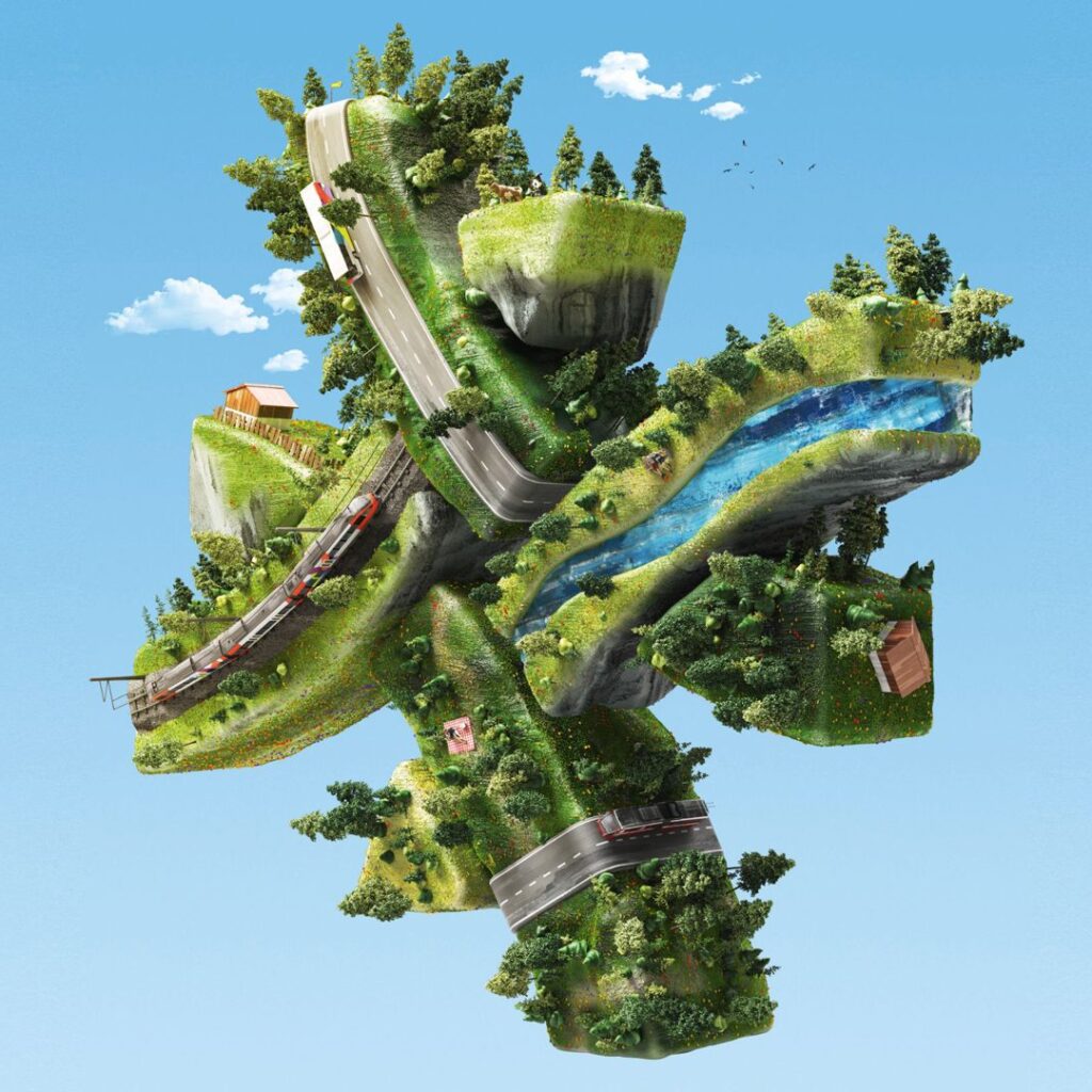 3D Illustration einer grünen Landschaftsinsel in der Form des Salzburg Verkehr Logos mit Straßen, Bahnstrecken und Flüssen
