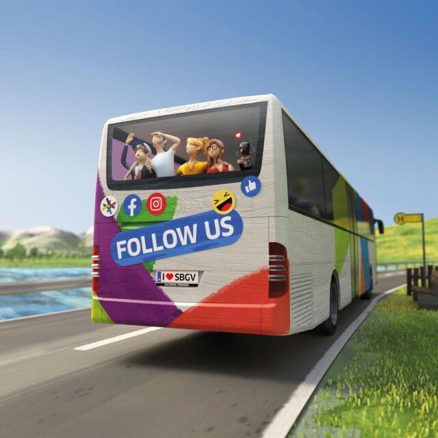 3D-Visualisierung als Teil eines modernen Social-Media-Konzepts. 3D Bus mit