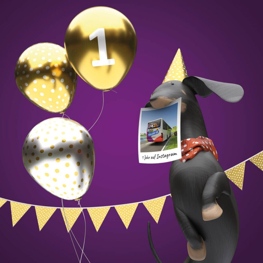 3D Dackel mit Partyhut hält Foto zum Instagram Jubiläum und für kreativen Social Media Content aus der digitalen Betreuung von Wuger
