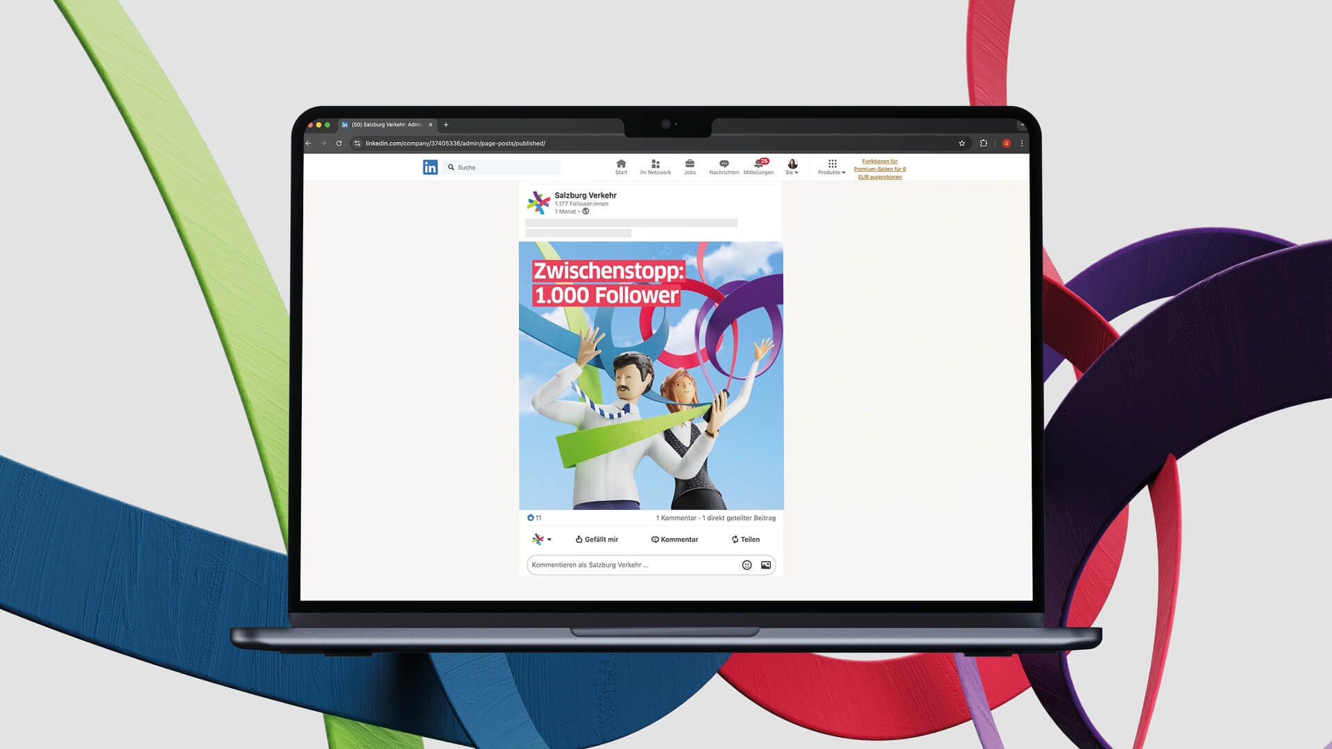 Laptop mit LinkedIn Posting als Visual für den professionellen Social Media Auftritt und die digitale Contentstrategie von Wuger Digital