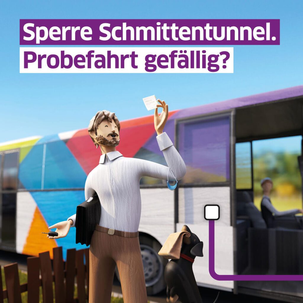 3D Figur vor einem Linienbus als Visual für Social Media Contentstrategie und kreativen Markenauftritt von Wuger Digital