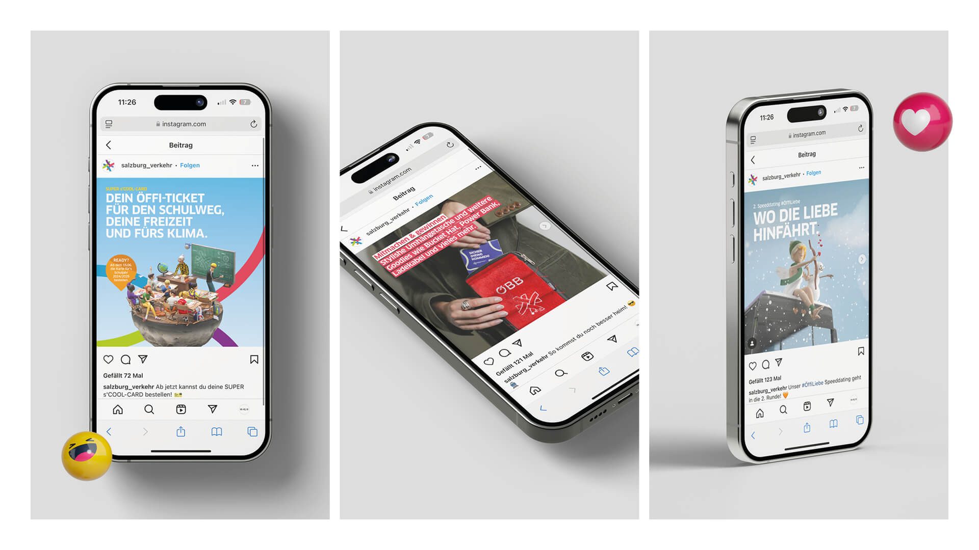 Drei Smartphone Screens mit unterschiedlichen Posts als Visual für digitalen Social Media Auftritt und Contentstrategie von Wuger Digital