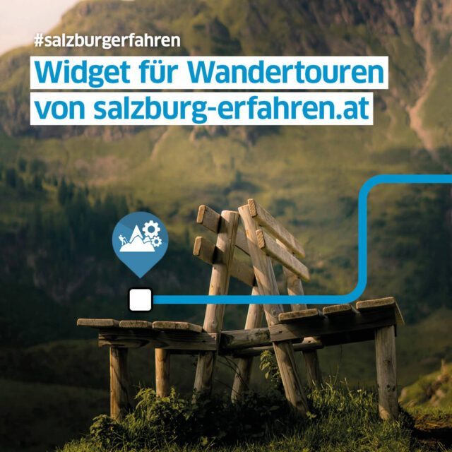 Social Media Posting mit Wander-Widget von Wuger Digital zeigt eine Berglandschaft mit Holzbank und Icon für Touren