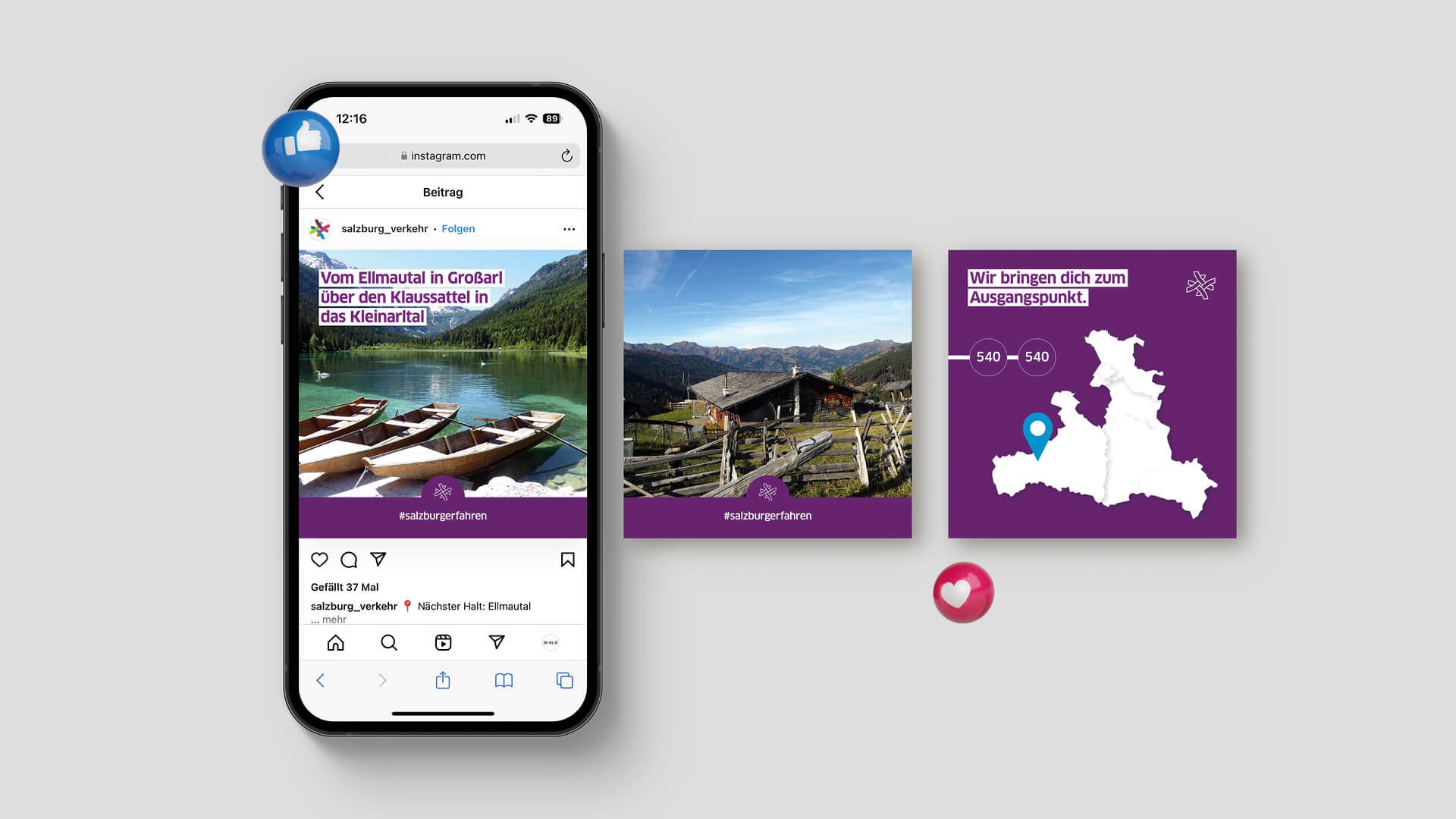 Designte Social Media Wandertour von Wuger Digital zeigt eine Instagram-Vorschau mit Naturmotiven und Kartenvisualisierung.