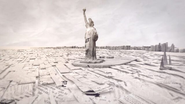 3D Modell der Freiheitsstatue aus Zeitungspapier mit gefalteter Skyline im Hintergrund