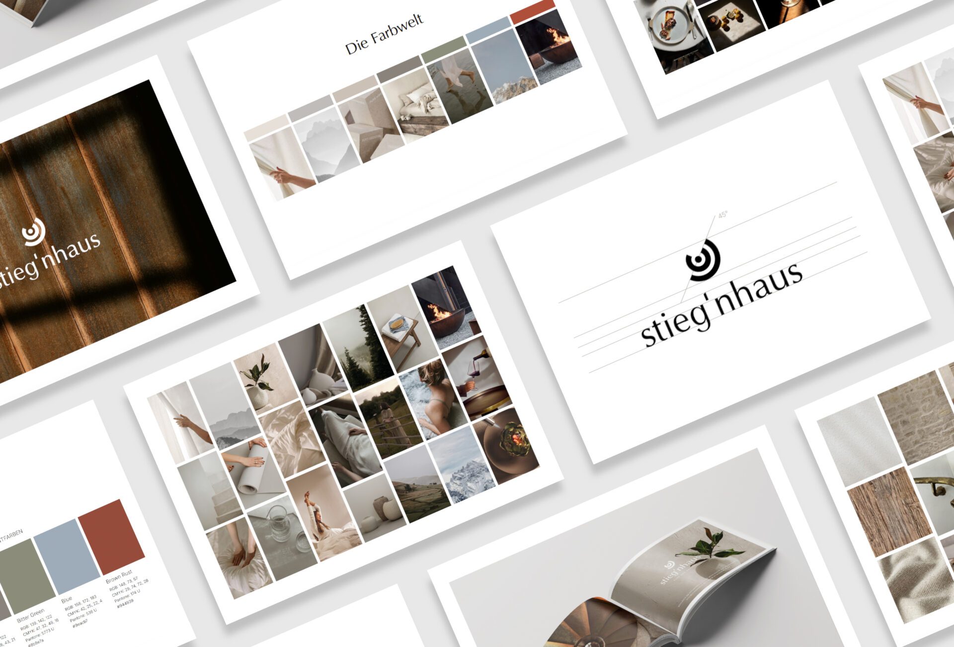 Die Markenwelt des Stiegnhaus wird im Corporate Design Boutique Hotel Case durch Moodboards, Farbwelten und Logo visualisiert. Collage mit der Markenwelt des Boutique Hotels Stiegnhaus inklusive Logo, Farbwelt und Moodboard, Teil unseres Corporate Design Boutique Hotel Projekts