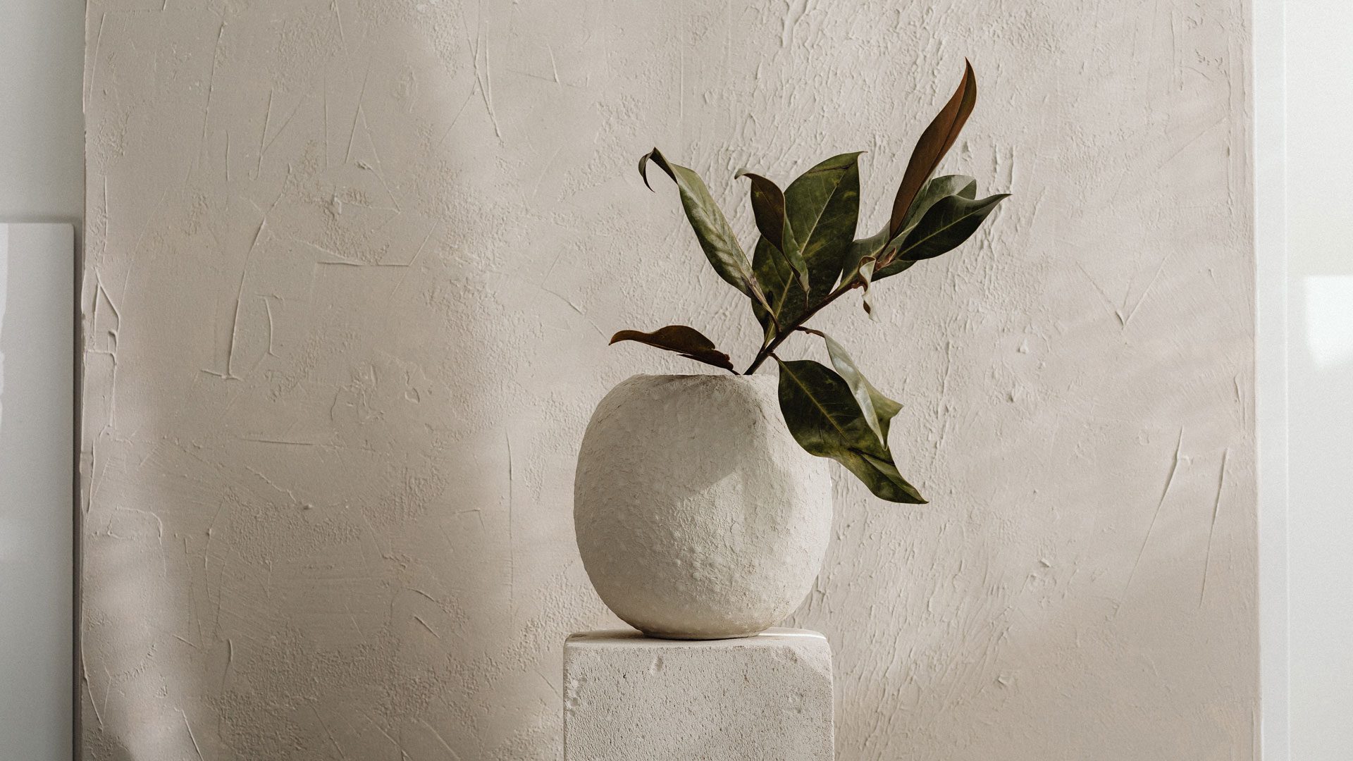 Stillleben mit Keramikvase und Zweig, fotografiert für das Corporate Design Boutique Hotel Projekt Stiegnhaus und Interior Branding