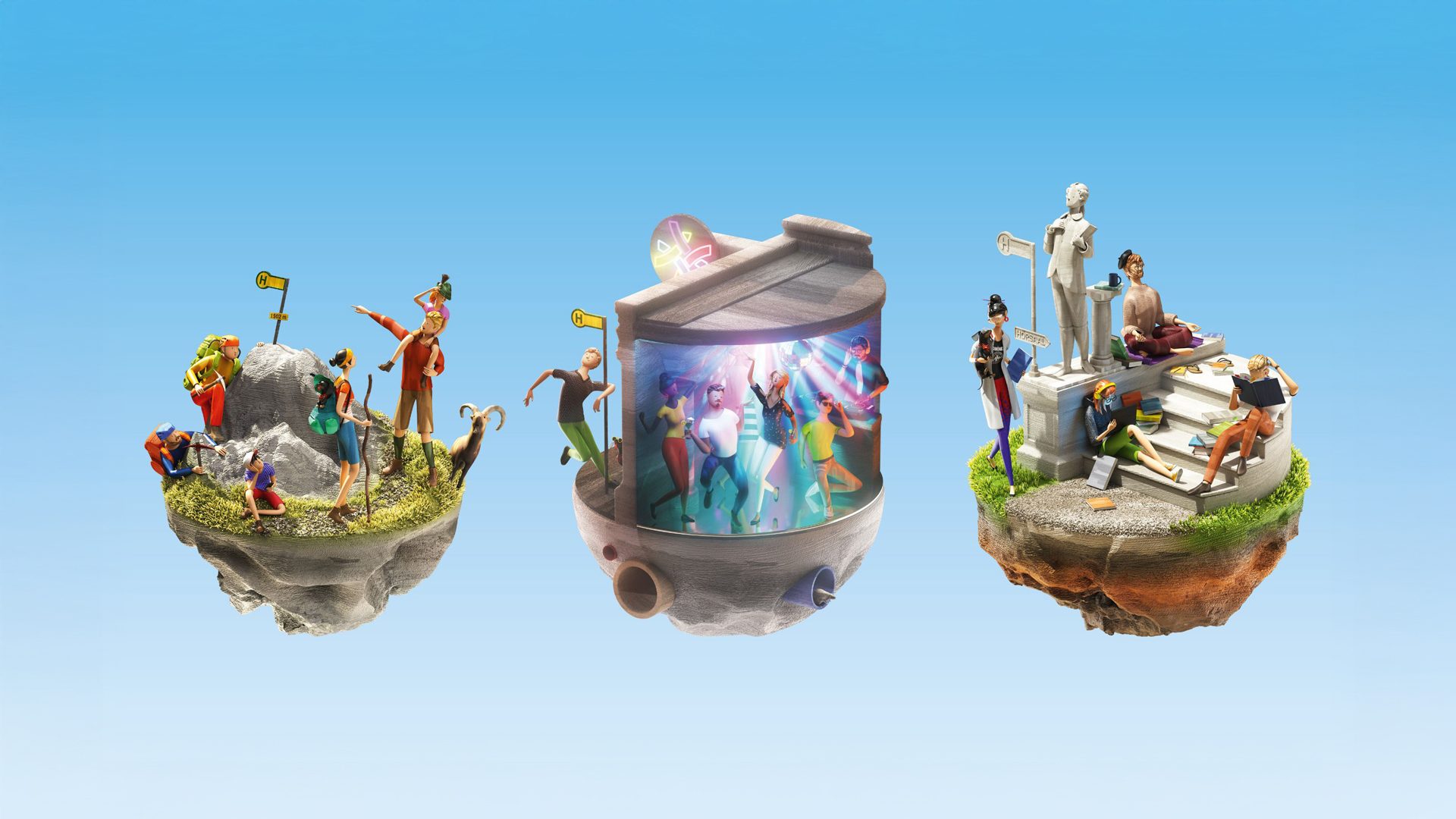3D Illustration dreier runder Inseln mit Figuren beim Wandern, Tanzen und Lernen in einer bunten Markenwelt