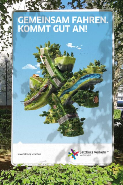 Plakat von Salzburg Verkehr mit 3D Landschaft in Form des Logos und dem Schriftzug 