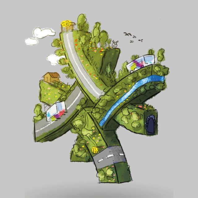 Skizze der 3D Landschaft in Form des Logos von Salzburg Verkehr mit Straßen, Hügeln und Flüssen