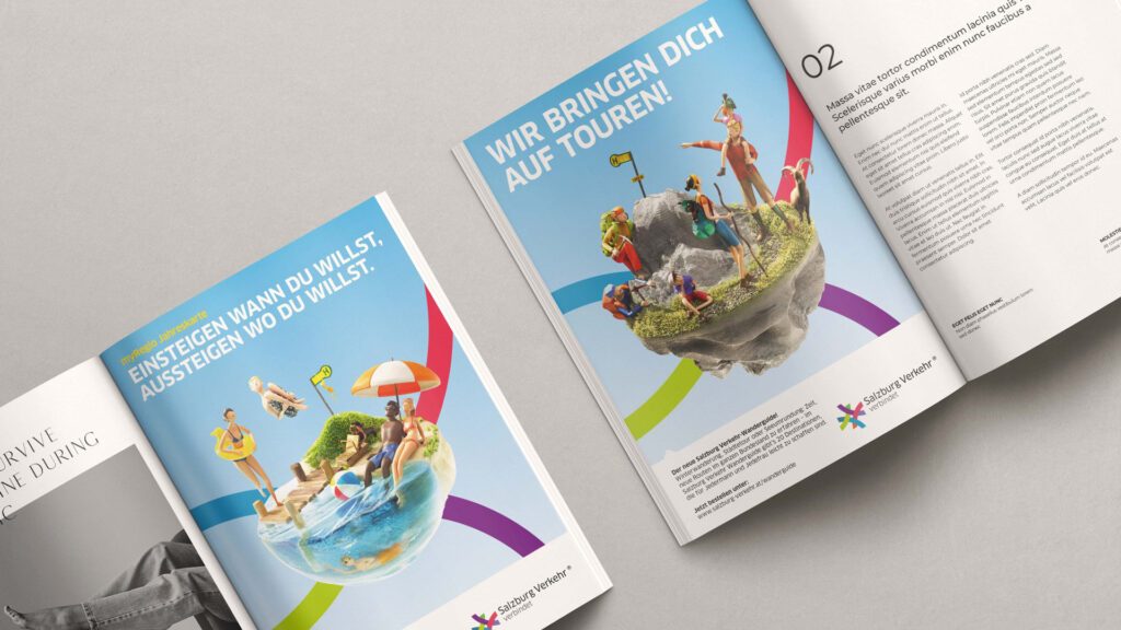 Magazinanzeigen von Salzburg Verkehr mit 3D Welten und Figuren in sommerlicher Umgebung und den Slogans Einsteigen wann du willst aussteigen wo du willst und Wir bringen dich auf Touren