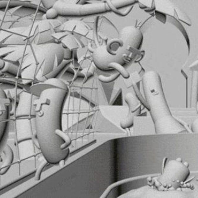 Untexturiertes 3D-Modelling einer dynamischen Szenenkomposition mit mehreren Figuren in einer komplexen Erlebniswelt
