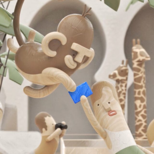 Detailansicht einer verspielten 3D-Szene im Zoo mit einem hölzernen Affen, der einer Figur eine blaue Vorteilskarte abnimmt