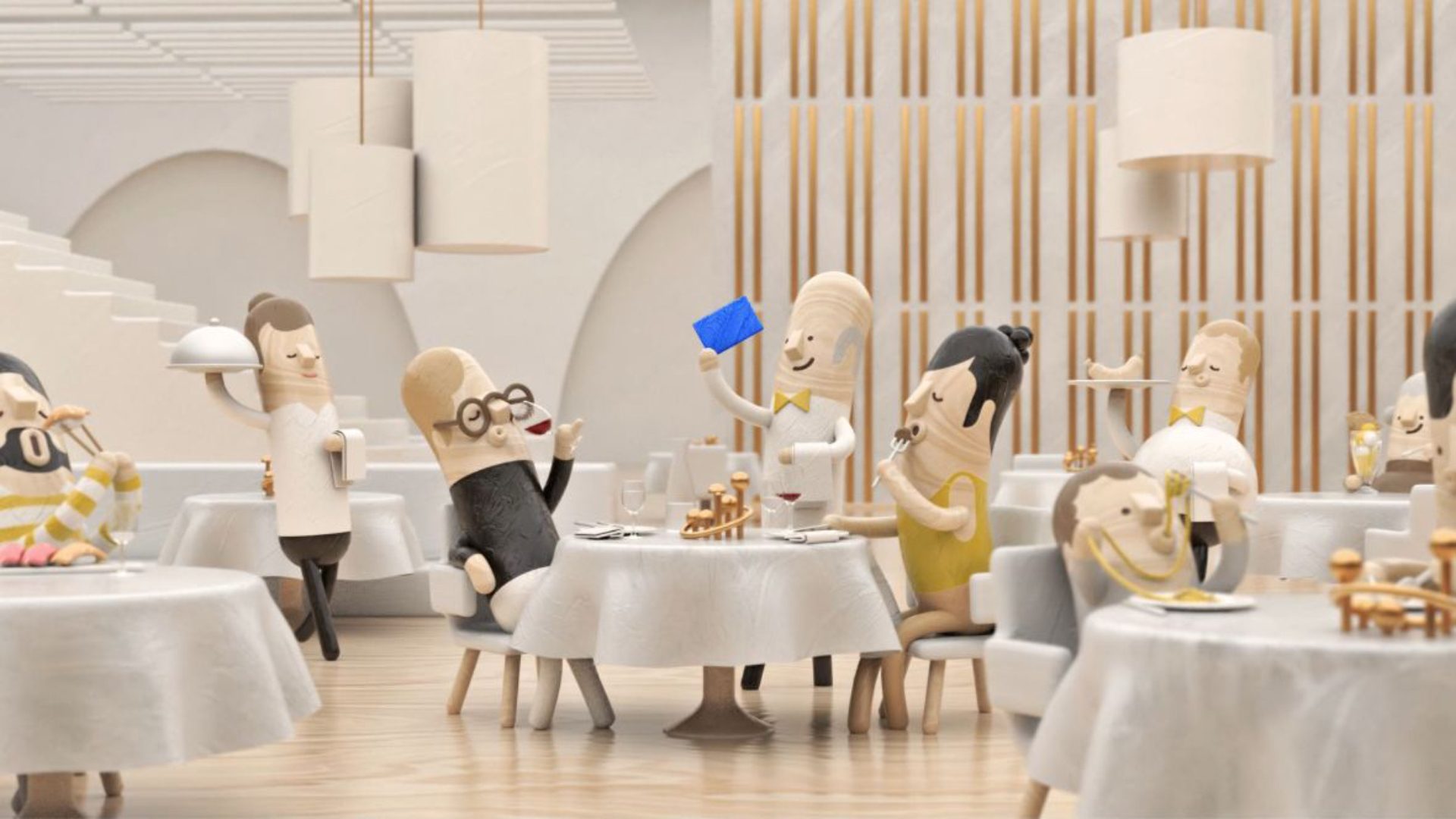 Holzfiguren in einem hellen Restaurantambiente, während eine Figur die blaue SN-Card hochhält und der animierte Miniaturstil den Fokus auf den Vorteilsmoment legt