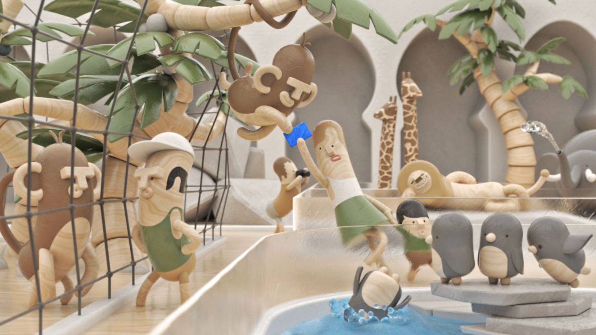 3D Szene im Zoo mit Holzfiguren, Tieren und einer blauen Karte im Animationsvideo von Wuger
