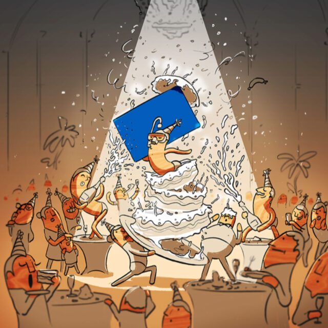 Farbiges Konzeptbild einer lebhaften Partyszene mit stilisierten Figuren, die um eine große Torte tanzen, während ein zentrales blaues Element im Spotlicht hervorgehoben wird