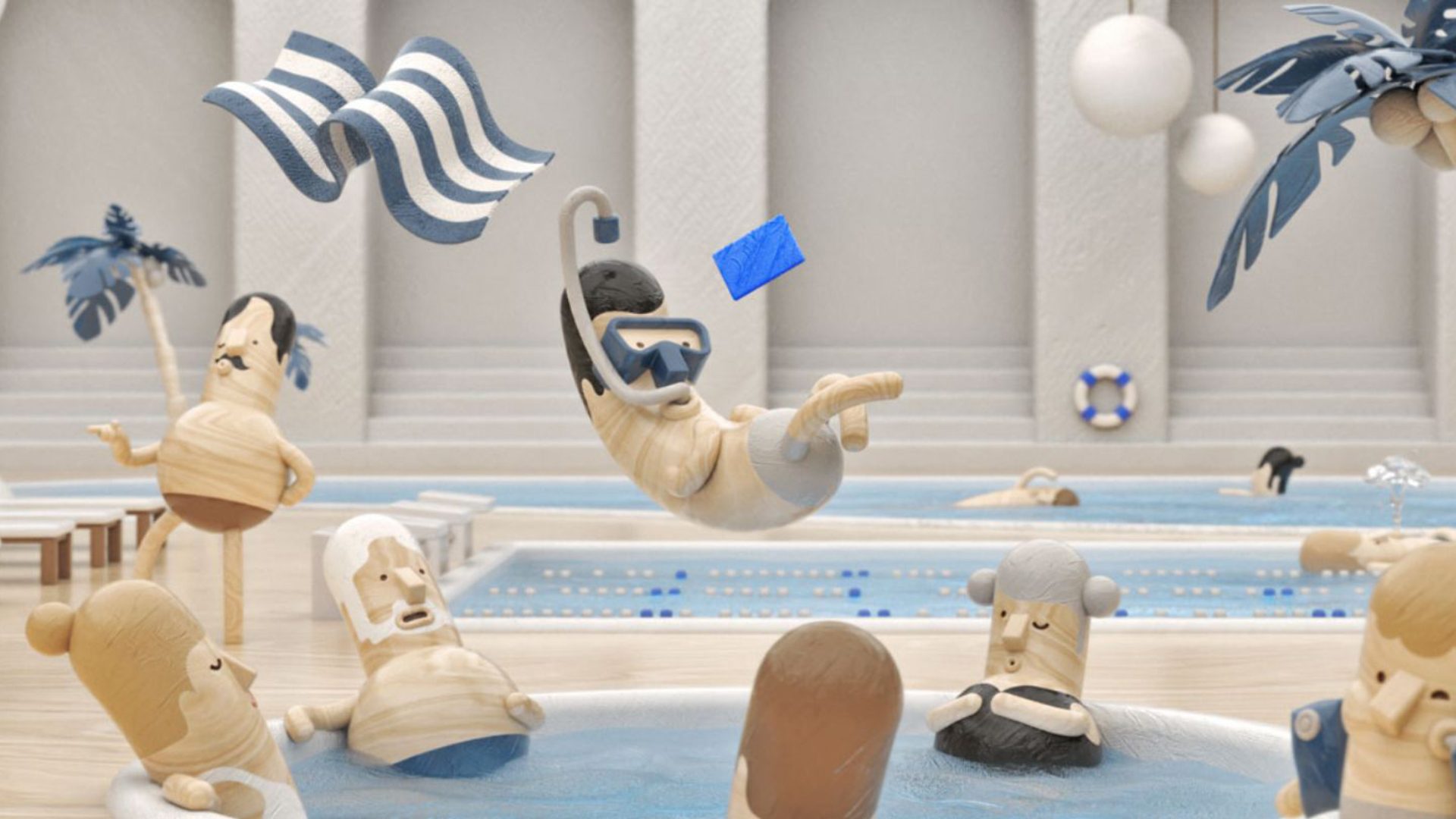 Holzcharaktere in einer hellen, minimalistisch gestalteten Schwimmbadwelt mit blauen Akzenten, während eine Figur mit Taucherbrille und Schnorchel dynamisch ins Wasser fällt und die blaue SN-Card im Mittelpunkt schwebt