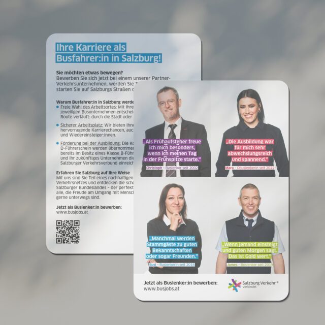 Mit dem richtigen Employer Branding lebt die Marke in jedem der Mitarbeiter:innen. Von Wuger designter Flyer für das Employer Branding von Salzburg Verkehr
