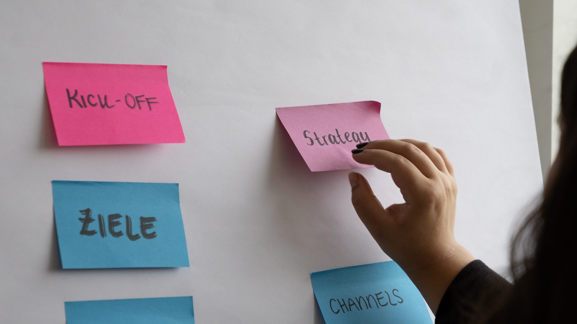 Wuger bestreibt Strategie bis in die Zielsetzung. Person sortiert Post-its zu Strategie, Digitalstrategie und Online-Marketing an Board