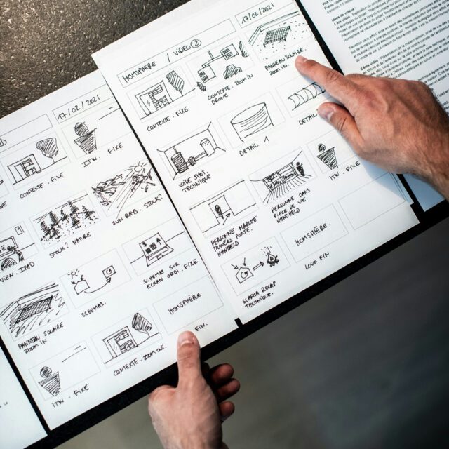 Wuger entwickelt starke Storyboards die Text und Konzept verbinden und Marken erzählerisch präzise führen. Hände halten gezeichnetes Storyboard mit Szenenfolgen als Basis für Copywriting Konzeptarbeit bei Wuger