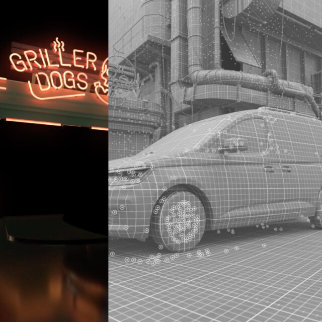 Wuger Film Postproduktion zeigt visuelle Effekte mit digitalem 3D Modell eines Autos in urbaner Szene
