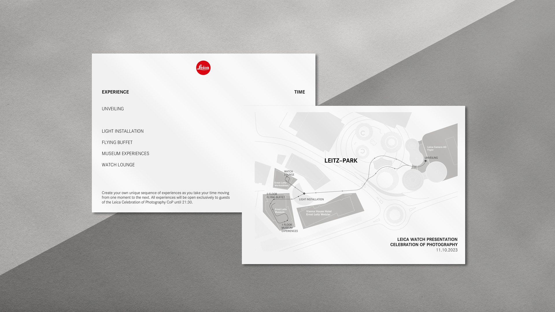 Einladungskarte mit minimalistischem Layout in hellem Grau, gestaltet von Wuger für eine Event-Installation im Leitz-Park
