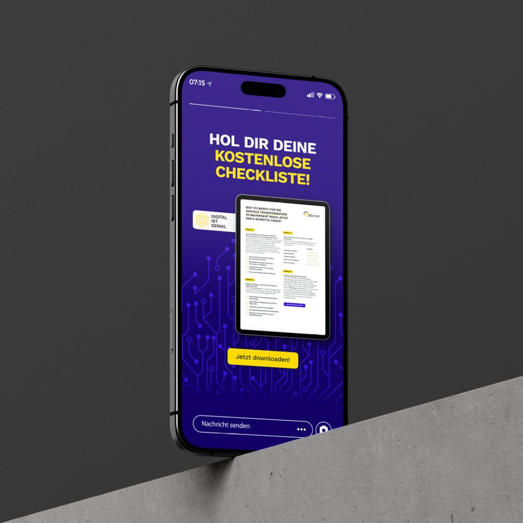 Smartphone mit Anzeige einer kostenlosen Checkliste zur Baustellen-Digitalisierung, beworben von Wuger