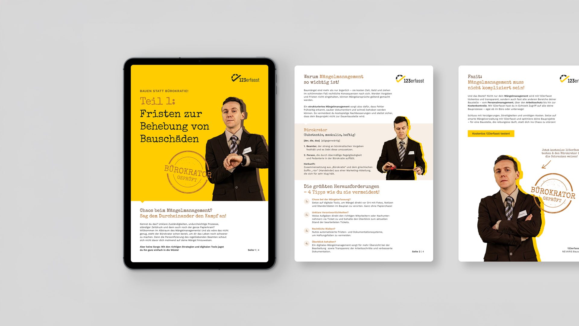Tablet mit geöffnetem Whitepaper zum Thema Mängelmanagement und digitaler Baustellenorganisation als Teil der digitalen Kampagne von Wuger