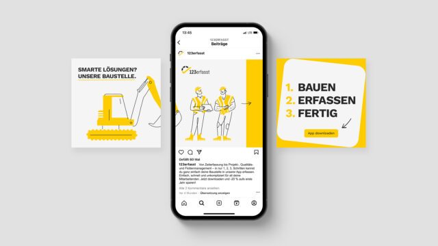 Wuger entwickelt einen ansprechenden Carousel-Post zur Präsentation einer digitalen Baustellenlösung, die in drei einfachen Schritten zur Effizienzsteigerung im Bauwesen führt. Instagram-Post der digitalen Kampagne einer Baumanagement-App, gestaltet von Wuger