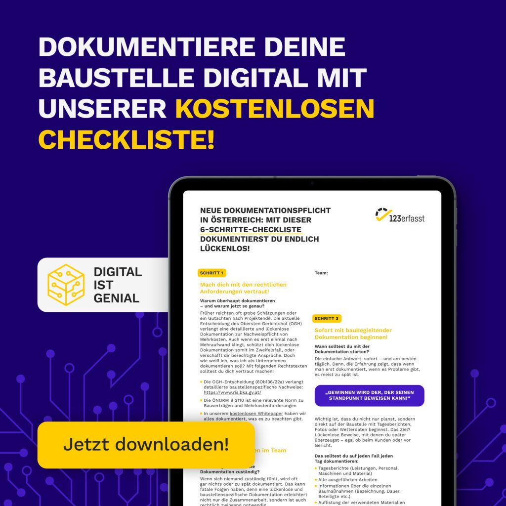 Tablet mit Anzeige der digitalen Checkliste zur Baustellen-Dokumentation als Teil der Digitalkampagne von Wuger