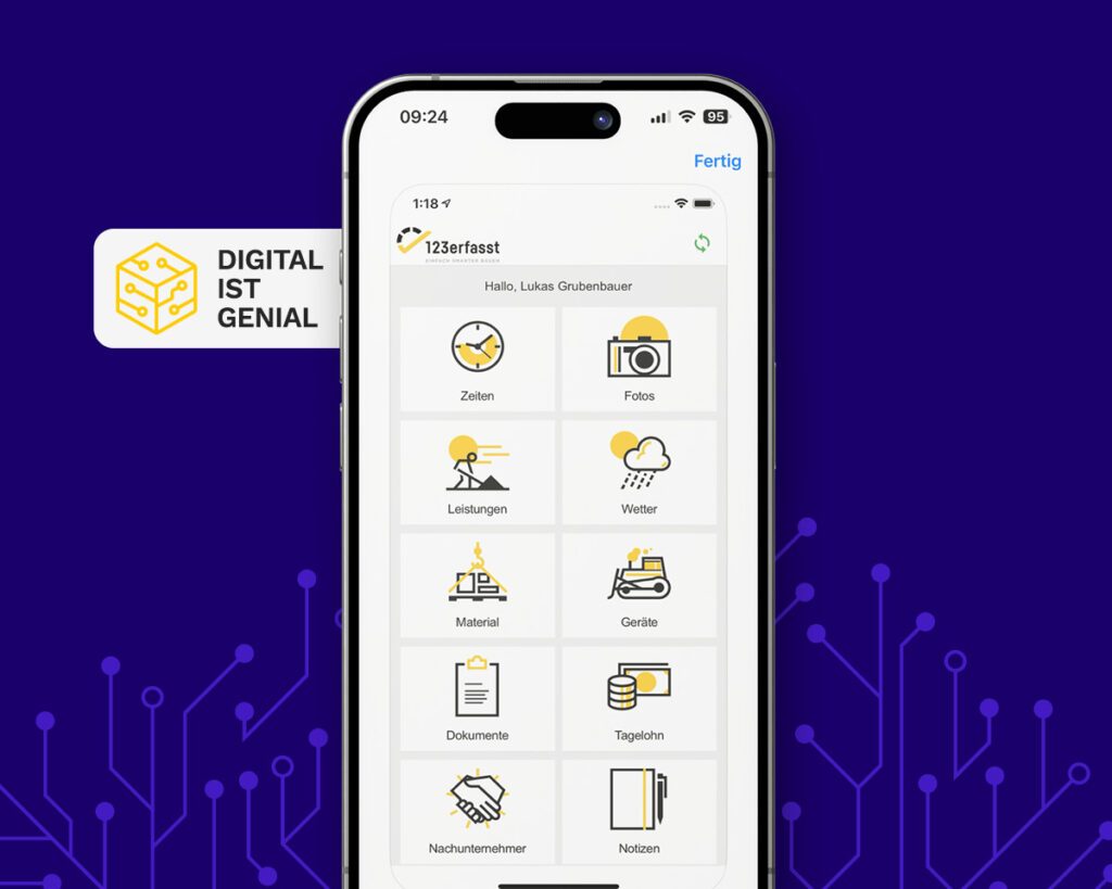 Mobile Ansicht der 123erfasst-App mit Checklisten und Funktionen als visuelle Unterstützung der digitalen Kampagne von Wuger