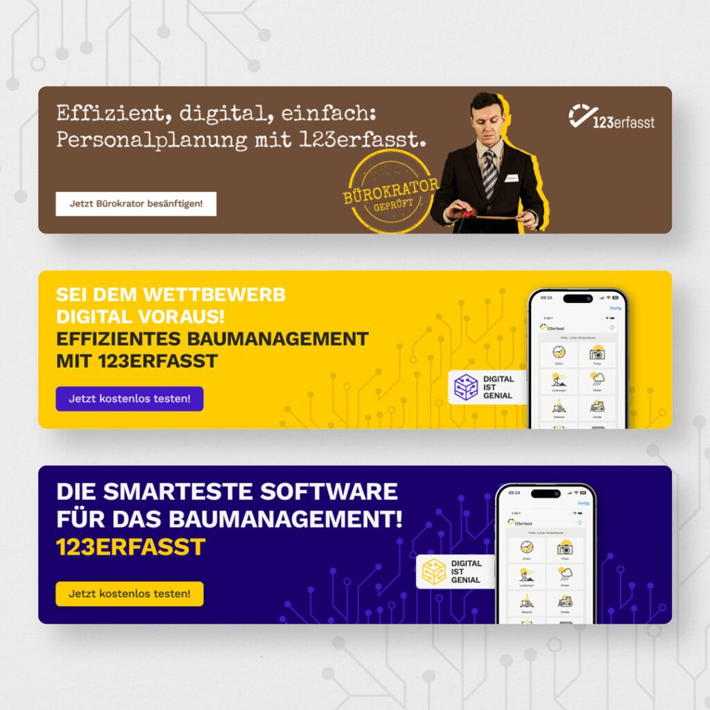 Digitale Banner zur Bewerbung einer Baumanagement-App, gestaltet von Wuger für die Marketingkampagne