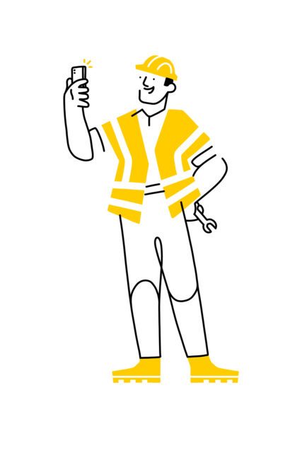 Illustration eines Bauarbeiters, der auf einer Baustelle ein Smartphone hält, als Teil einer Digitalstrategie für die Baubranche