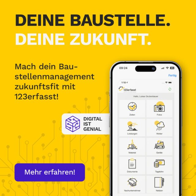 Social Media Post für 123erfasst mit App-Features und aufmerksamkeitsstarkem Call-to-Action als Teil der digitalen Kampagne von Wuger