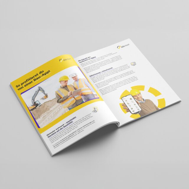 Zwei Bauarbeiter, die auf einer Baustelle mit einem Tablet arbeiten, im Magazin-Layout von Wuger zur Effizienzsteigerung