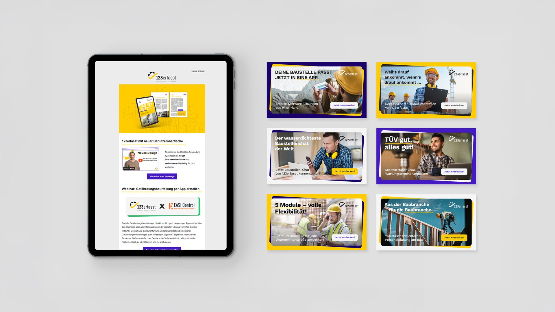 Tablet mit geöffnetem Newsletter und verschiedenen Banner-Designs als Teil der digitalen Kampagne für 123erfasst, umgesetzt von Wuger