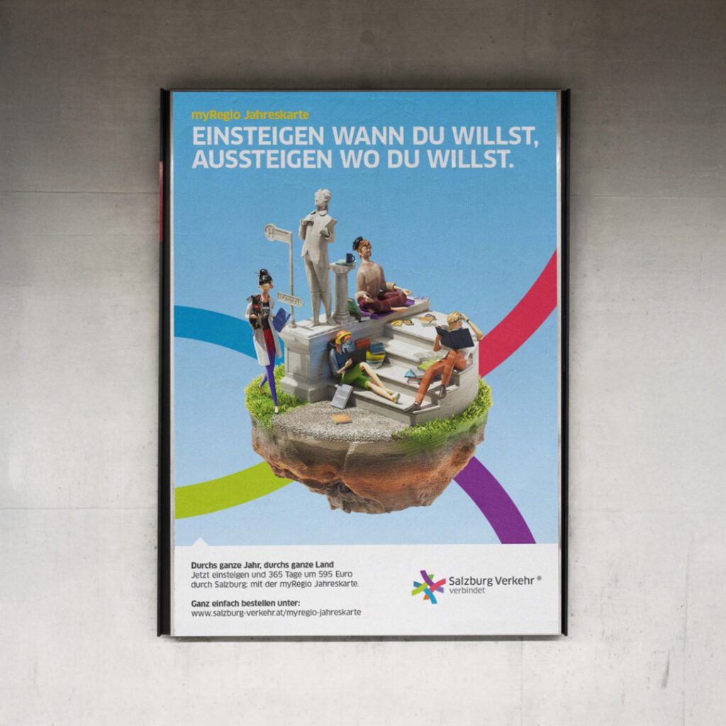 Plakatmotiv mit 3D animierter Inselwelt und Figuren, die auf Treppen sitzen, lesen und sich unterhalten