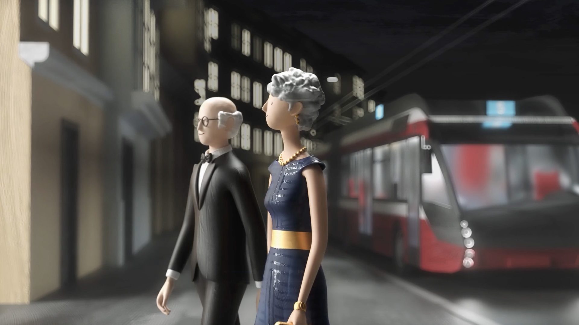 3D animierte Szene mit elegant gekleidetem Paar bei Nacht vor einem O-Bus in Salzburg