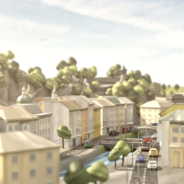 3D animierte Stadtansicht von Salzburg mit Straßen, Autos und Fluss in stilisierter Darstellung