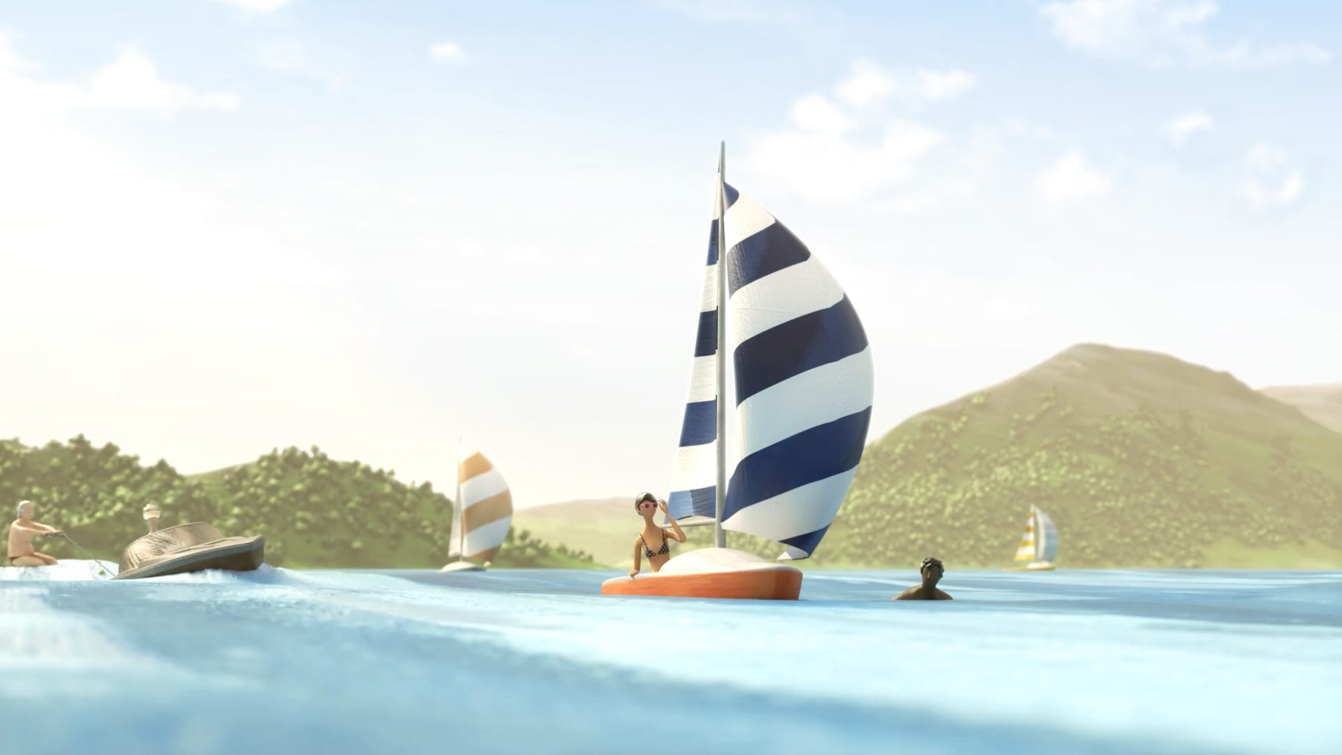 3D animierte Szene mit Segelbooten und Badegästen auf einem sonnigen See in Salzburgs Umland