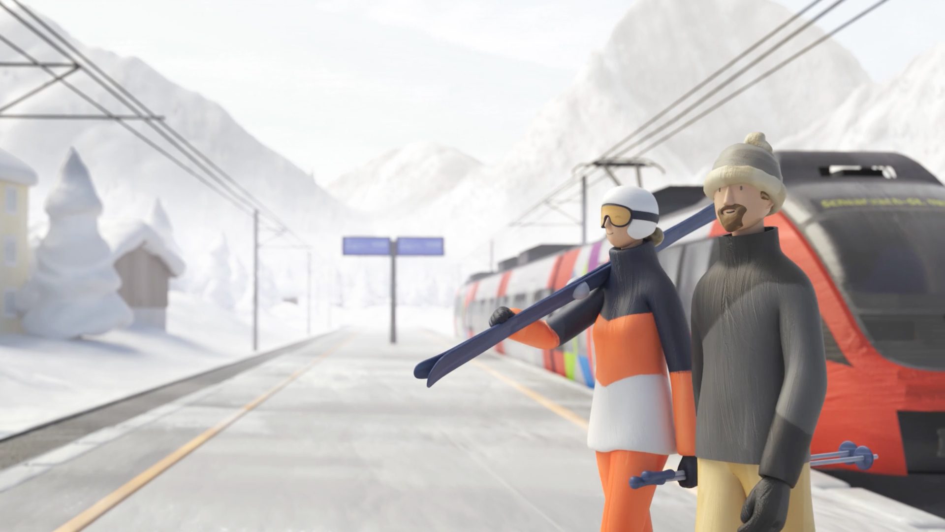 3D animierte Szene mit zwei Skifahrern, die an einem verschneiten Bahnhof vor einem Zug stehen