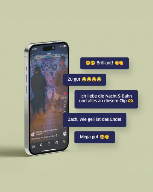 Social Media Mockup ab mit Reaktionen um Reel vom Musikvideo, dass im Rahmen der 360 Grad Kampagne erstellt wurde. Social Media Mockup mit Community Reaktionen zum Musikvideo für die Nacht S-Bahn Kampagne
