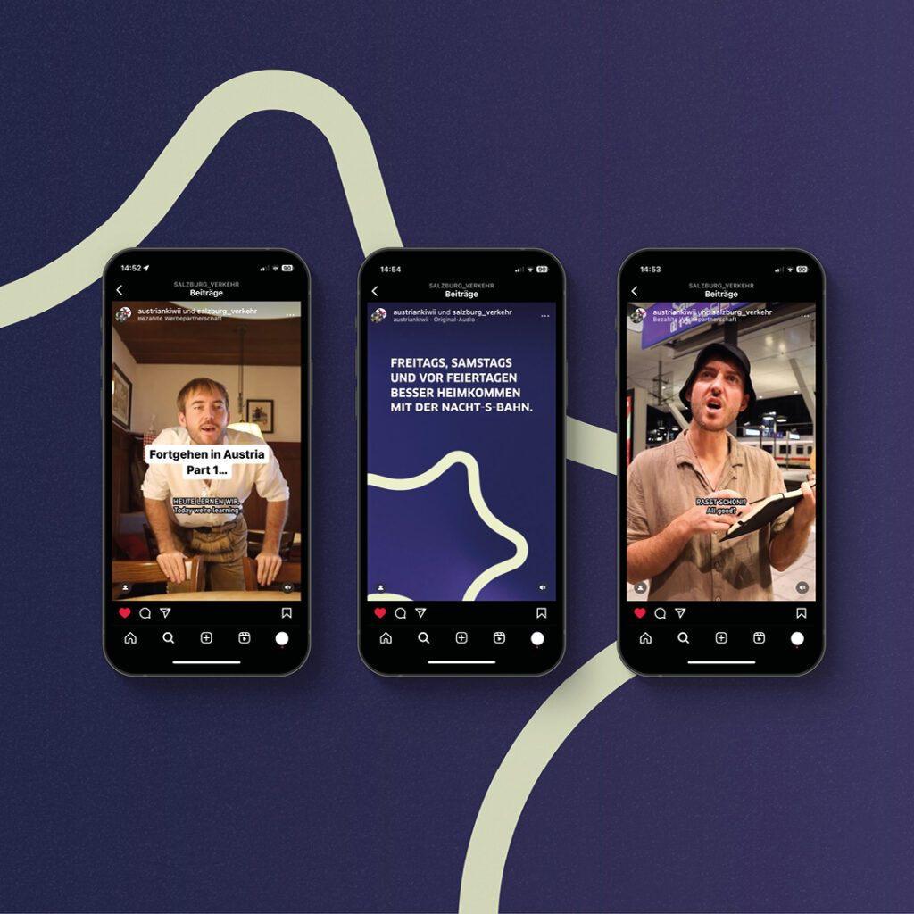Mockup mit Social Media Reel Sequenzen mit Austriankiwi. Kreative Social Media Kampagne mit Influencer Kooperation als Mockup für Instagram Reels zur gezielten Gen Z Ansprache online