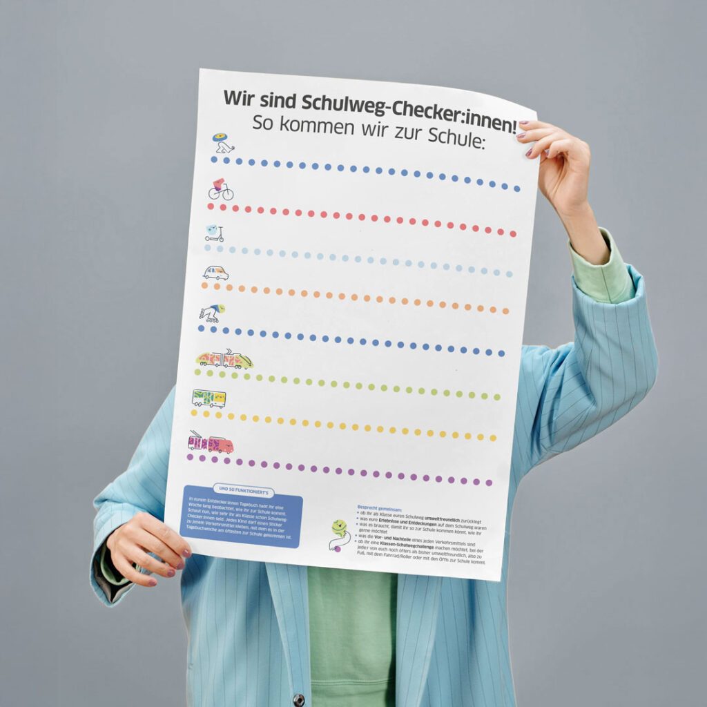 Wuger übersetzt Mobilitätserziehung in vertraute Schulweg-Situationen und macht Lernen im Alltag der Kinder sichtbar. Foto zeigt ein Schulweg-Plakat, das Wuger als Teil von Event Marketing für spielerische Mobilitätserziehung gestaltete