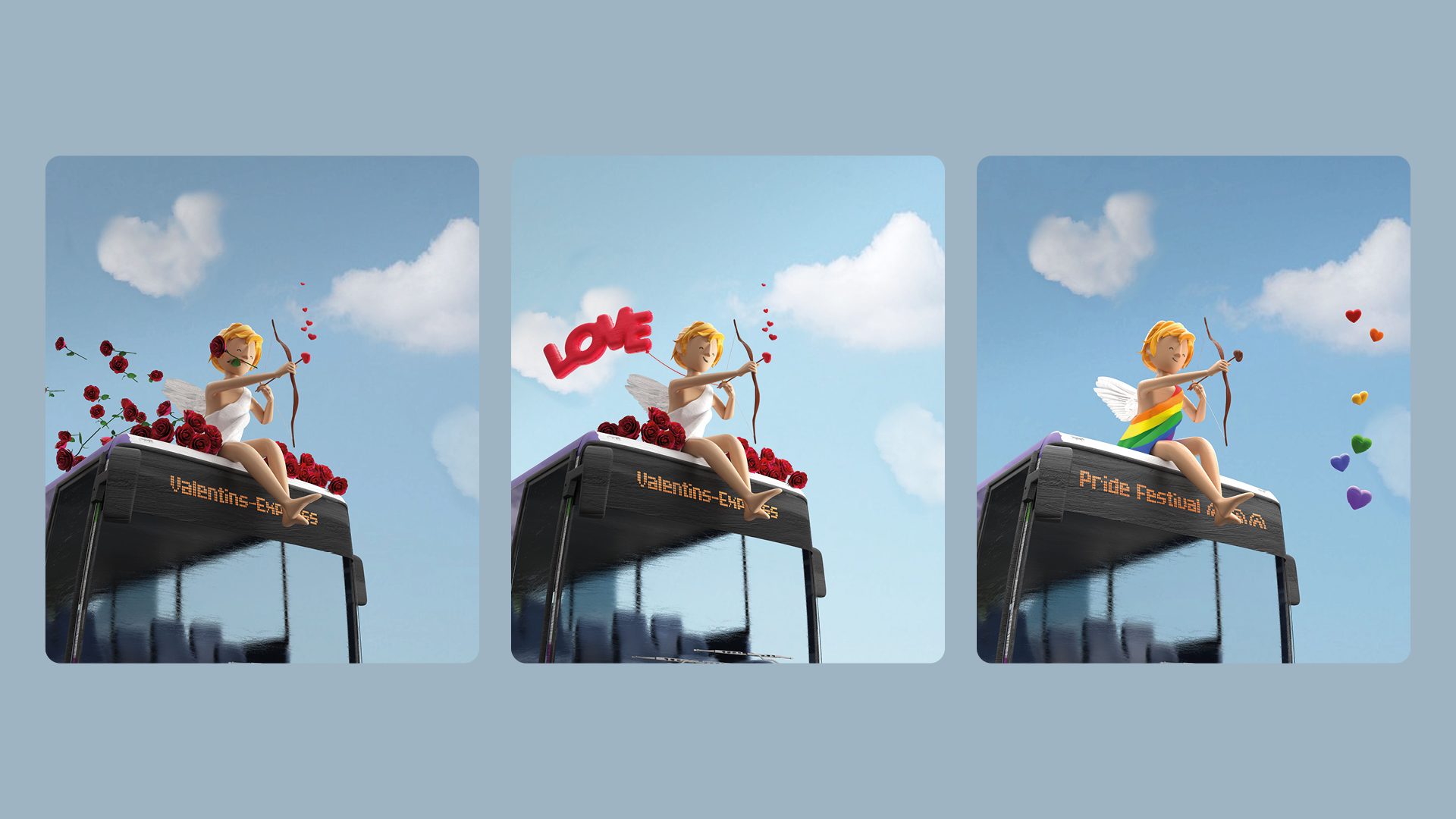 So vielfältig können Key Visuals für wiederkehrende Eventformate und Kampagnenausspielungen aussehen. 3D visualisierte Amor Figur auf Busdach für emotionales Event Marketing und kreative Brand Activation