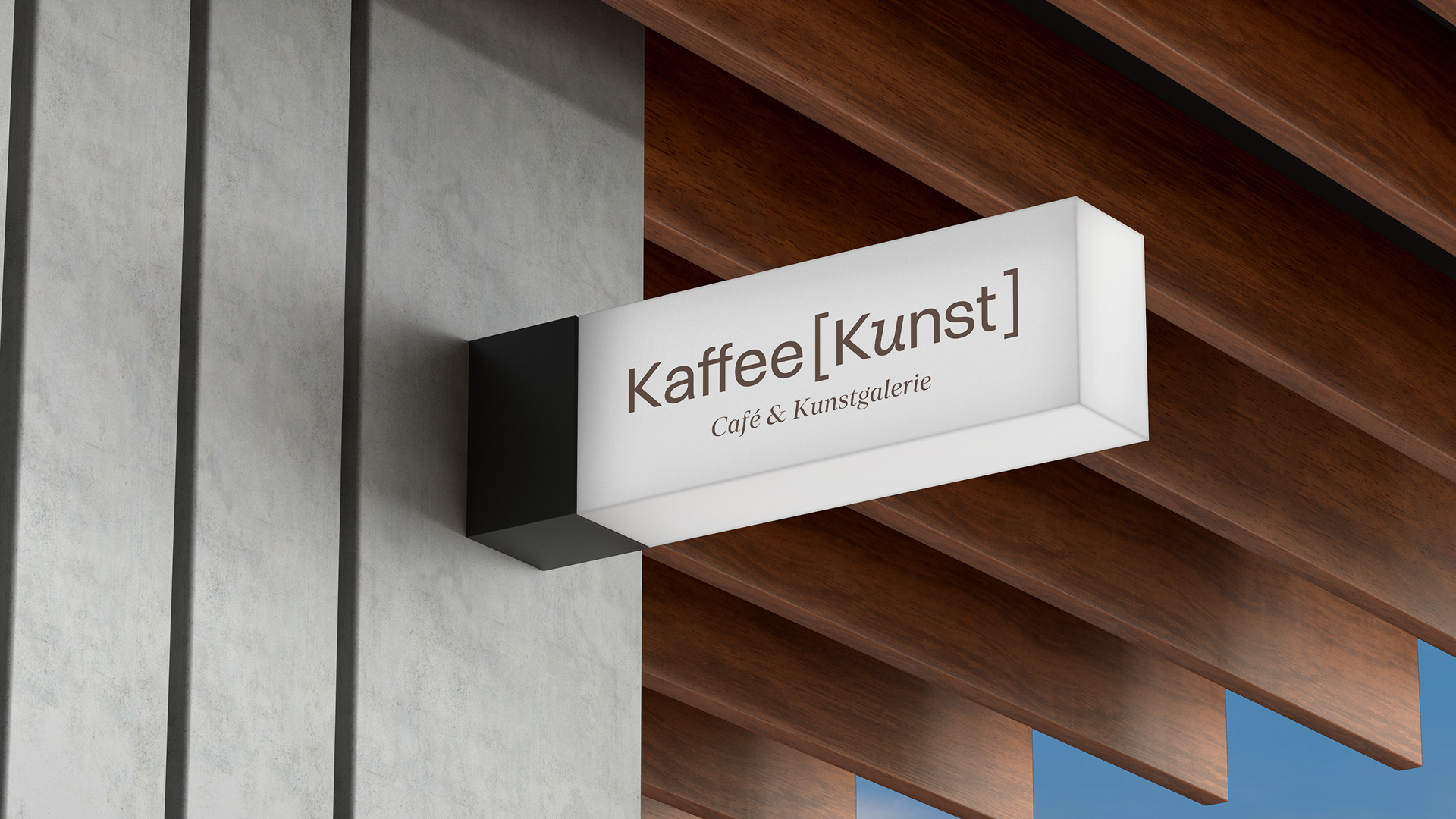 Wuger zeigt Branding für Cafés auf weißem Leuchtschild an einer Betonwand unter einer modernen Holzlamellen-Decke als Mockup