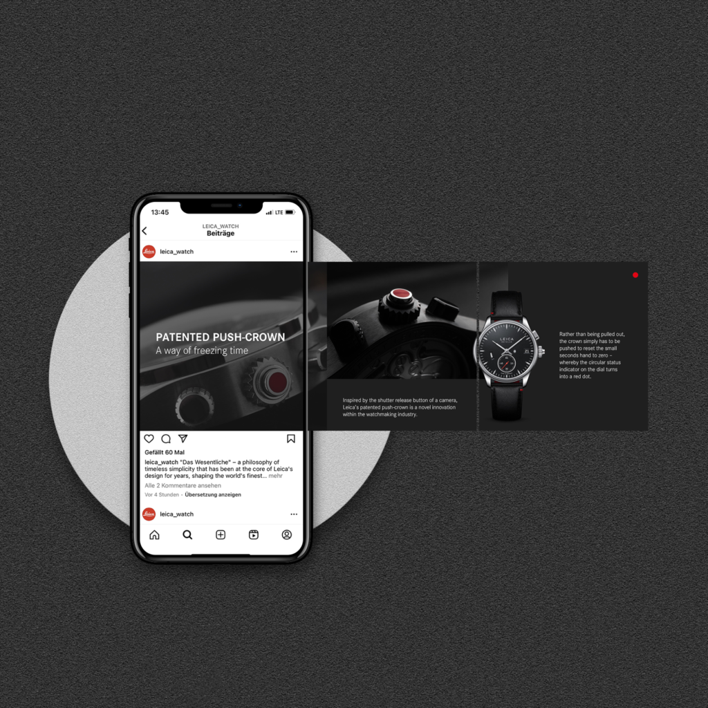 Smartphone zeigt Instagram Carousel Posting mit Detailaufnahmen einer Uhr für strategisches Storytelling und Grafik Design
