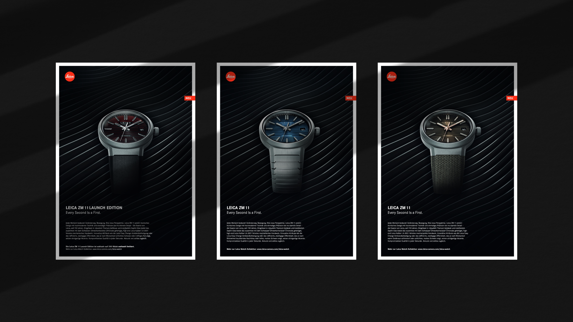 Drei verschiedene Printanzeigen der Leica ZM 11 Serie als visuelle Sprache für ein 360 Grad Launchkonzept von Wuger
