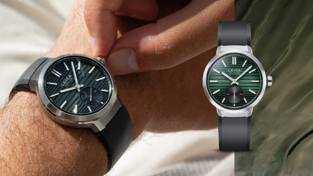 Nahaufnahme einer Leica Uhr am Handgelenk mit grünem Zifferblatt als Teil einer Markeninszenierung für ein Launchkonzept