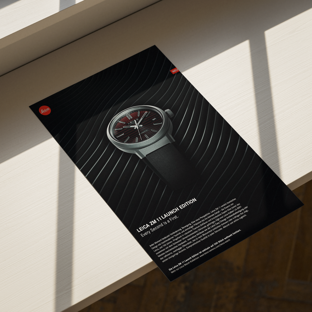 Printanzeige der Leica ZM 11 Launch Edition auf einem Fensterbrett als Teil einer Markeninszenierung für einen Produktlaunch
